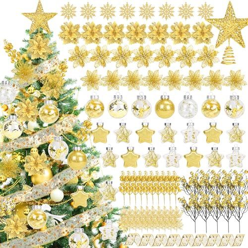 Weihnachtsbaumschmuck-Set, verschiedene Weihnachtskugeln, Weihnachtsbaumspitze, Glitzer, Weihnachtsstern, Beeren, Stiele, hängende Schneeflocken, Blätter, metallische Netzbänder für Weihnachtsbaum,
