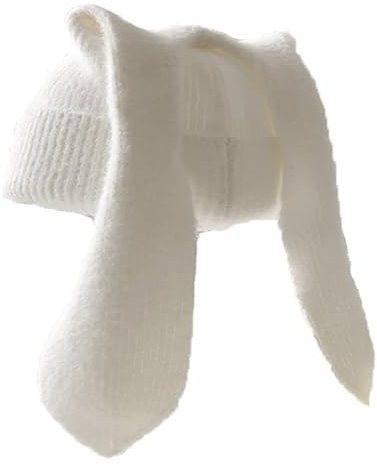 WUODHTW Damen-Beanie-Mütze mit langen Ohren, niedlich, lustig, gestrickt, Winter, warm, Ski, Totenkopf, Outdoor, Slouchy Hat, weiß, Einheitsgröße