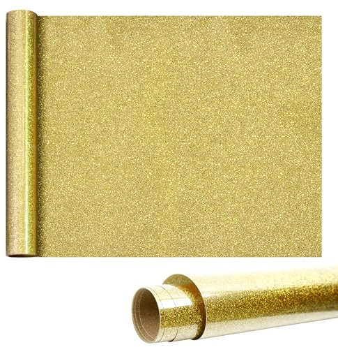 Vinilo Textil Purpurina 30 * 100cm Rollo de Vinilo Transferencia de Calor, Vinilo Termoadhesivo para Todas las Máquinas de Corte, HTV para Ropa, Sombreros, Telas (Oro)