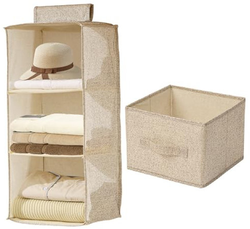 FALSKT Hanging Closet Organizers with Removable Drawer 3 Shelves Wardrobe Hanging Storage Foldable Hanging Closet Shelves Storage for Living Room Bedroom, 11x11x24inch(Beige)