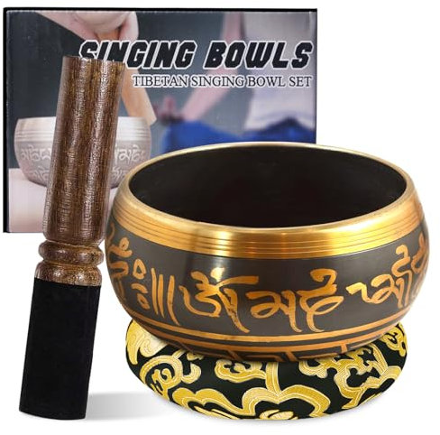Tibetan Singing Bowls Meditation Set: Large Singing Bowls With Singing Bowl And Silk Cushion Black And Mallet, Sound Healing Bowl Meditation Set For Meditation Chakra Yoga Meditation 8.5 Cm