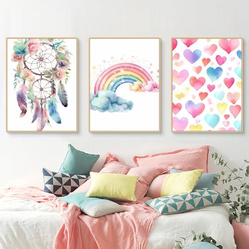 Uixxducc 3er Set Wandbilder Kinderzimmer Babyzimmer Poster,Dreamcatcher Love Rainbow,Bilder Mädchen Jungen Boho Deko Dekoration (50x70cm)