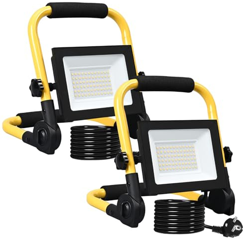 Meision LED Baustrahler 50W 4300LM Warmweiß, Superhell LED Arbeitsscheinwerfer 3000K mit Stecker + 3 Meters Stromkabel, IP66 Tragbar Flutlicht, Baustellenlampe für Baustelle, 2 Stück
