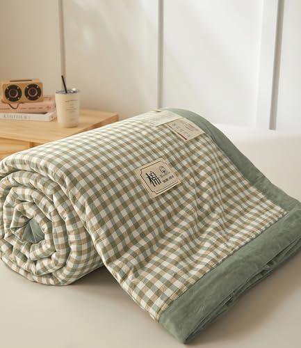 DOTBUY Bettdecke Ohne Bezug 150x200 cm, Grün Kariert Sommerbettdecke Leicht Atmungsaktiv Aus Klasse-A-Baumwolle, Waschbare Sommerdecke Kühldecke mit Mikrofaser-Füllung