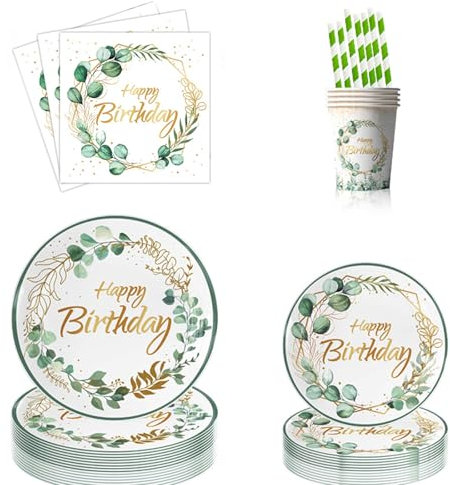 ASSUGO pappteller eukalyptus deko, geburtstagsdeko grün pappteller 60 stück, einwegteller palmblatt mit servietten eukalyptus Teller Becher Papier Strohhalme, partygeschirr für hochzeit geburtstag
