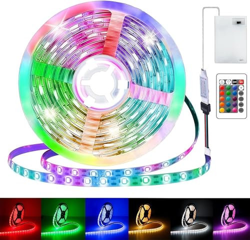 5M LED Streifen Batterie,Batteriebetriebene LED Streifen Lichter,Lichtband RGB 5050 Selbstklebendes 16 Farbenwechsel,Selbstklebend Lichtband mit Fernbedienung für Schränke, Treppen, Küche, Betten