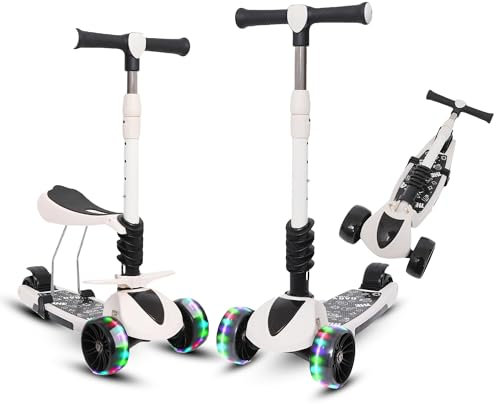Habib Gruppe 3-in-1 Kinderroller mit Sitz - Dreirad Tretroller, Faltbar, Höhenverstellbar, LED Räder, Kinderroller ab 3 Jahren (Bis 50kg) - Schwarz