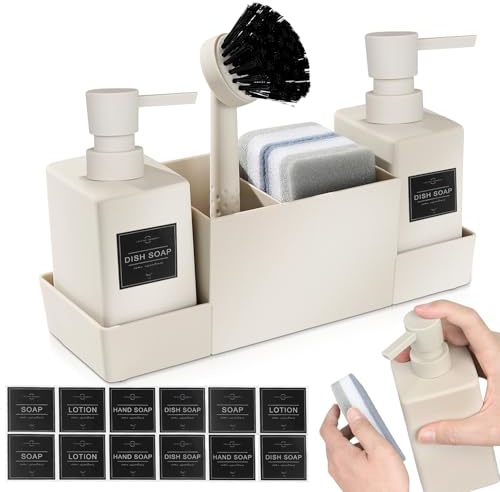 SPORWAY Dispensador de jabón Dispensador de detergente, Organizador de fregadero de 350ml con cepillo y esponja de lavado, Organizador de fregadero con bandeja de goteo para cocinas, baño (Beige)