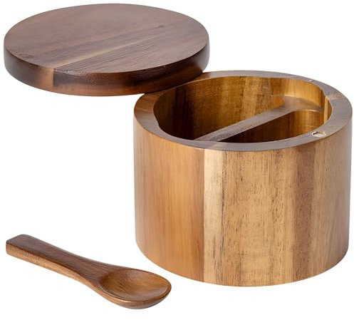 LUMINFLY Acacia Wood Salt and Pepper Bowl Set with Marble Cover, Dual Compartments, Wooden Spoon Included for Organized Kitchen Storage