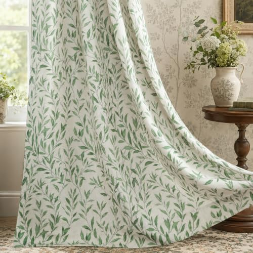 VOGOL Green Leaves 84 Curtains for Living Room Eyelet Top, 52×84, 1 Panel | Linen Textured fabric, Light Filtering Privacy Protection, Farmhouse Cottage Botanical Print, Patterned Drapes for Bedroom