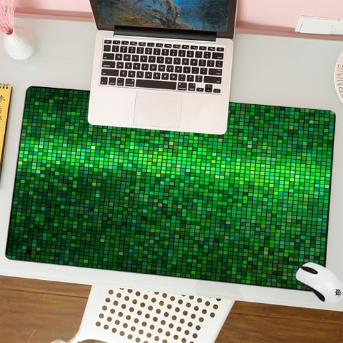 QRFASFZO Mouse Pad 31.5 × 12 inch Extended Large Mouse Mat Desk Pad, Stitched Edges Mousepad,Non-Slip Rubber Base,Green Abstract Lights Square Pixel Mosaic Design Geometric Tech,Gaming Mouse Pad XL