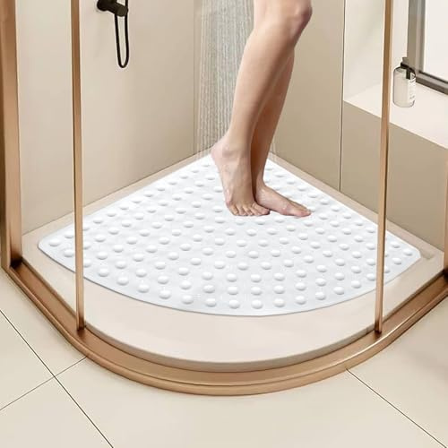 Stowetry Corner Shower Mat Non Slip Anti Mould, 65 x 65 cm Soft Rubber Curved Shower Mat, Large Curved Bath Mats for Inside Shower with Drain Hole Massage,Machine Washable (White)