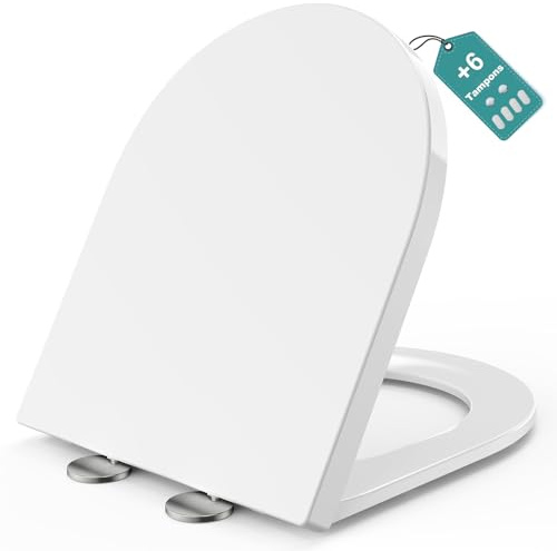 MEEJEE Sedile WC Lungo Forma D 460x365 mm, Coperchio Toilette con Abbassamento Automatico Forma D, Bianco Coperchio WC, Sedile WC Duroplast, Sedili WC Soft Close, Sedile Toilette Chiusura Silenziosa