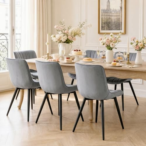 Hellove Esszimmerstühle 6er Set Samt, Bequemer Moderne Küchenstühle mit 7 cm Polsterstuhl, Mid Century Francaise Dining Chair mit Metallbeine für Schlafzimmer, Esstisch, Dining Table, Grau