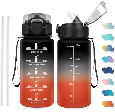 JAPORIA Sportflasche 500ml, Auslaufsicher, BPA-frei, Trinkflasche mit Strohhalm, Motivierende Wasserflasche für Fitness, Schule, Fahrrad, Yoga, Camping