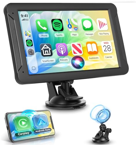 Rimoody Radio Coche Portátil 7 Pulgadas con CarPlay y Android Auto Inalámbrico - Pantalla Táctil IPS HD, AirPlay/Android Cast, Transmisor FM, Bluetooth para Coche