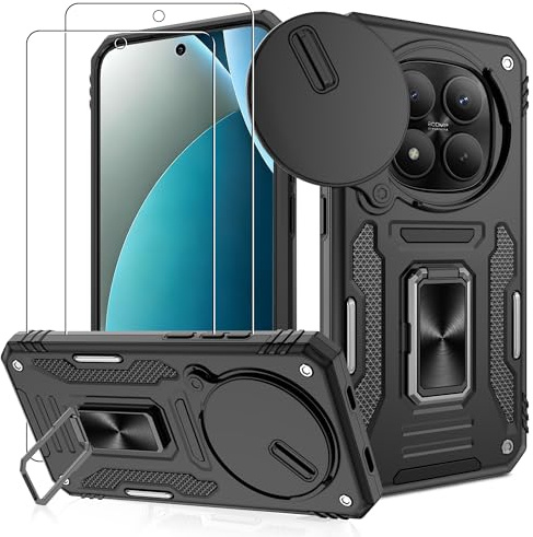 Jshru Hülle für Xiaomi Redmi Note 15 Pro 5G Handyhülle Kameraschutz Militärstandard Stoßfest Schutzhülle mit 2 Stück Schutzfolie,360° Metallhalterung Fallfest Case für Redmi Note 15 Pro,Schwarz