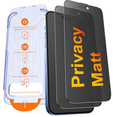 Kuteja Matt Panzerglas Sichtschutz für iPhone 16 [2 Stück], 9H Härte Anti Spähen Full Screen Matte Schutzfolie, Automatische Staubentfernung Folie, Anti-Fingerabdruck, Blendschutz