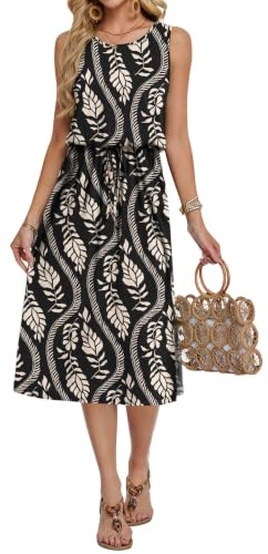 AUSELILY Robe d'été élégante pour femme - Robe midi sans manches - Robe de plage - Robe de loisirs avec poches, M