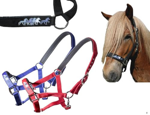 NETPROSHOP Isländer Nylonhalfter festes Halfter für Island Pferde mit feiner Stickerei auf dem Nasenriemen, Farbe:Schwarz