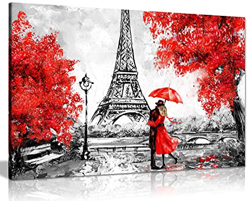 Panther Print Reproduktion eines Ölgemäldes „Roter Regenschirm vor dem Eiffelturm in Paris“, Kunstdruck auf Leinwand, rot, A0 91x61cm (36x24in)