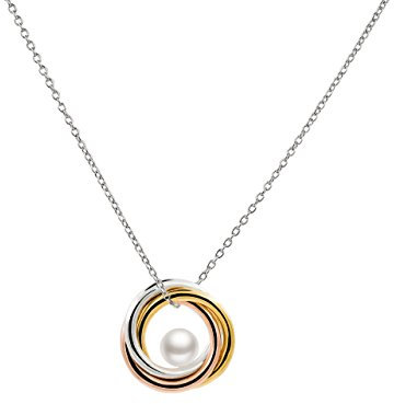 Secret & You Collana con collana di perle d'acqua dolce coltivate e pendente in argento 925 millesimo - Tre anelli placcati in oro Perla rotonda da 5 a 5,5 mm - 40 o 45 cm di lunghezza.