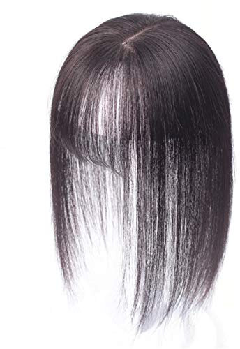 Echthaar-Topper, Clip-in, 7 x 10 cm, Mono-Kronen-Topper Wiglet Haarteile mit Pony für Frauen, natürlicher Haaransatz, 35,6 cm, Dunkelbraun
