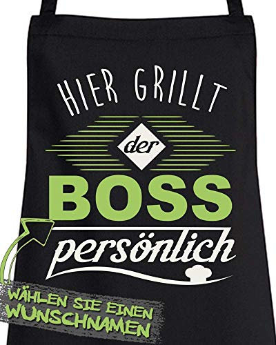 Comedy Grill Schürze - Hier GRILLT DER Wunschname PERSÖNLICH - Motiv 1 - Schwarz/Weiss-Grün