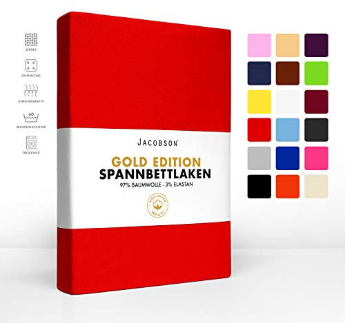 JACOBSON Gold Edition Jersey Spannbettlaken Spannbetttuch Baumwolle mit ELASTAN ca. 200 g/m² (Topper 180-200x200 cm, Rot)