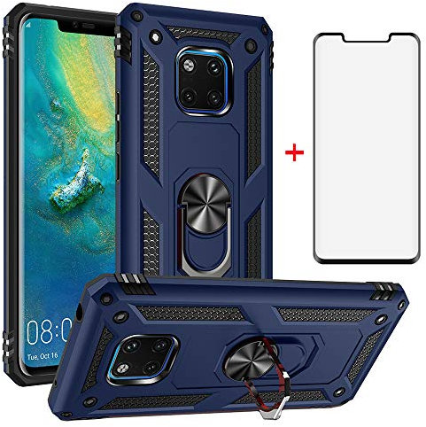 Asuwish Funda para Huawei Mate 20 Pro con Cristal Templado Protector Pantalla Vidrio Pelicula Protectora Magnética Anillo Soporte TPU Silicona Hawaii Mate20 20Pro LYA-L29 Móvil Tapa Carcasa Case Azul