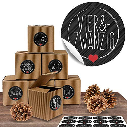 Adventskalender Set aus 24 rustikalen Boxen und 24 weihnachtlichen Zahlenaufklebern „Schick und Schwarz“ zum Basteln und Befüllen