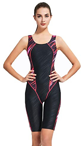 PHINIKISS Wassersport Einteiler Badeanzug Damen Sportbadeanzug Knielang Bademode,Schwarz,M
