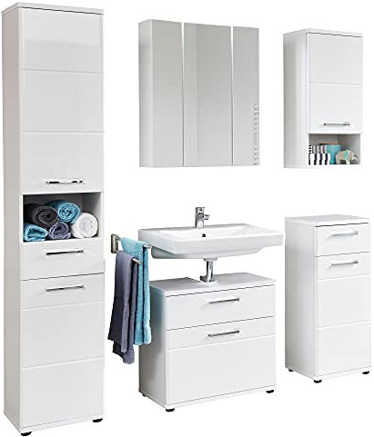 trendteam smart living - Monte - Badmöbel-Set (Hochschrank + Waschbeckenunterschrank + Spiegelschrank + Standschrank + Hängeschrank) - Weiß/Weiß Hochglanz - (BxHxT) 164 x 189 x 38 cm - Kratzfest