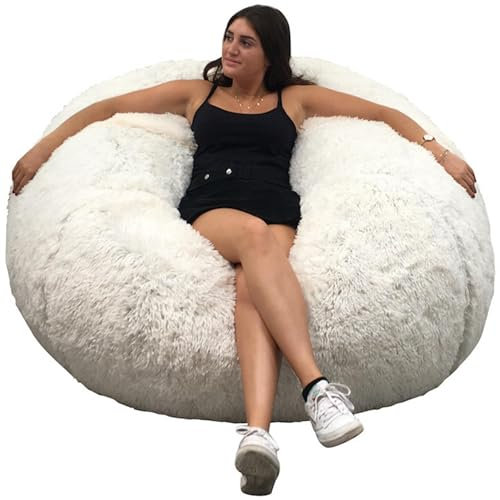 Bananair - Pouf Géant XXL en Fourrure - Doux & Confortable - Housse Lavable en Machine - Généreusement Rembourré, Qualité Supérieure - Gros Pouf Lit, Bean Bag (Blanc, 120 cm)