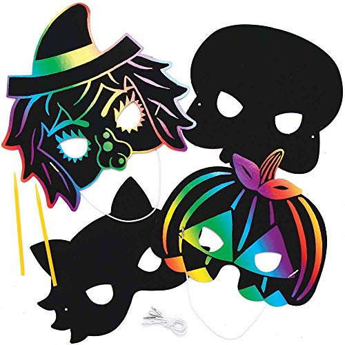 Baker Ross AX228 Halloween Scratch Art Kratzkunst Masken Bastelset für Kinder - 8 Stück, Kreativsets und Bastelbedarf zum Basteln und Dekorieren zur Winterzeit