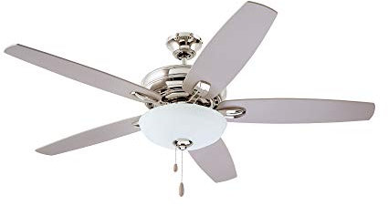 kathy ireland HOME Ashland LED Ceiling Fan with Light Kit | 52 Inch Fixture with 5 Blades, Removable Glass Shade, and Pull Chain | Low Profile Hugger with Dual Mount and Downrod, Polished Nickel