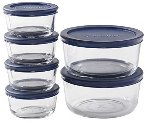 Anchor Hocking 14035ECOM 12 Piece Round Food Storage Containers with BPA-Free Snugfit Navy, Mixed Sizes, Reusable Lids, Tempered Tough for Oven, Fridge, and Freezer, Glass