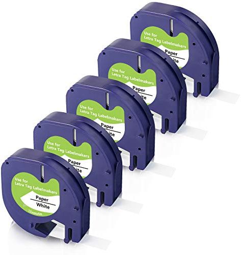 Meritom Kompatible für Dymo Beschriftungsband für Dymo Letratag Etikettenband White Paper 12mm x 4m, Schwarz auf Weiß 91220 91200, Arbeit mit Letratag XR LT-100H LT-100T LT-110T 200B, 5X