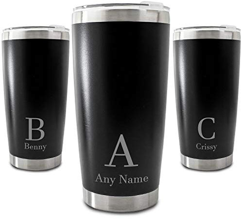 Personalised Engraved 500ml Black Travel Cup with Initial and Name Design, Personalise with Any Initials or Letters