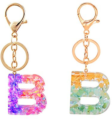 2Pcs Porte-clés, Porte-clés en résine, Porte-clés à lettres avec fleurs, Alphabet A-Z Key Ring pour les femmes Cadeaux d’anniversaire de fille (Alphabet B)