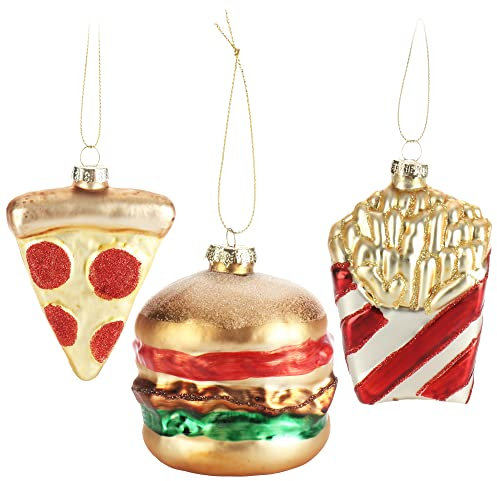 com-four® 3X Premium Christbaumschmuck - Fast-Food-Deko aus Glas - besondere Baumkugeln als Weihnachtsdeko - spezielle Weihnachtsbaumanhänger - Burger, Pommes, Pizza (3 Stück - Fast Food)