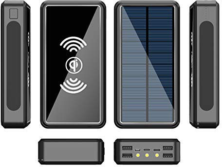Brigtviee Batterie Externe Solaire, 100000mAh Chargeur Solaire Portable avec Charge sans Fil 10W, Power Bank 4 Entrée et 5 Sorties, de Secours pour iPhone Samsung iPad etc,Noir, Black Noir