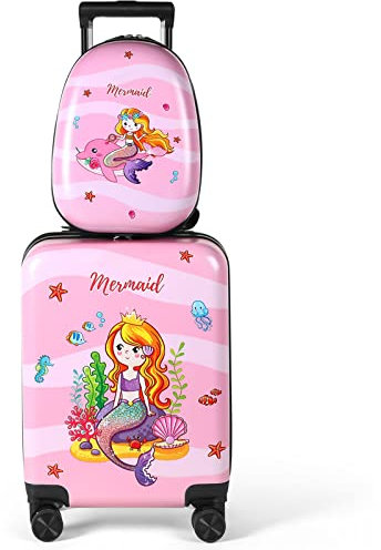 Weewooday Kinder Gepäck Fall und Rucksack 18 Zoll Koffer mit Spinner Räder Hartschale Reisegepäck 13 Zoll Rucksack Mädchen Gepäck Set für Kinder Reise Koffer Liefert, Rose, Meerjungfrau-Stil