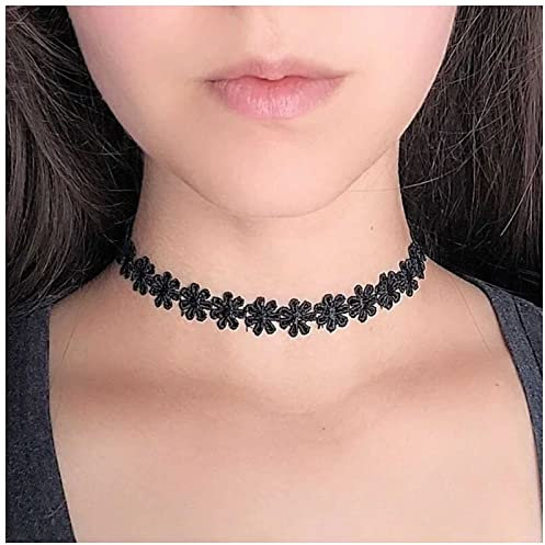 Yheakne Boho Flower Lace Choker Necklace Black Lace Tattoo Choker Necklace Daisy Flower Collarbone Necklace Retro 90s Choker Necklace Chain Jewelry for Women and Girls (Black)