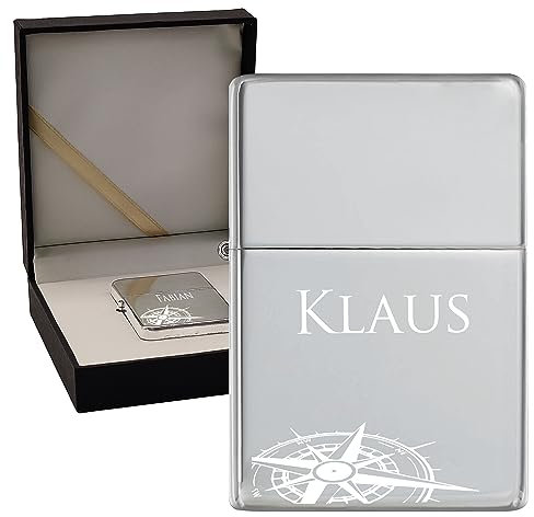 KDO MAGIC - Feuerzeug personalisiert - Eingravierter Vorname - Farbe Grau - Geschenkidee für Herren, Geburtstag, Vatertag (Motiv: Kompass)