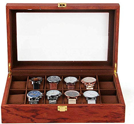 Echtholz Uhrenbox, 12 Slot Uhrenkasten Uhrenkoffer Uhrenschatulle Uhrenschachtel mit Glasdeckel Holzuhren Box Vitrine Organizer Lagerung Display Schmuckkoffer