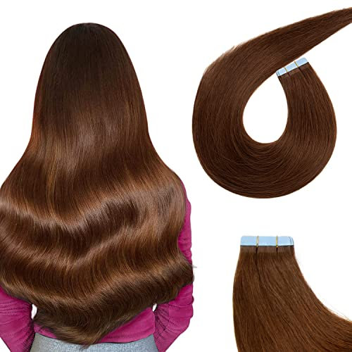 AGMITY Tape in Extensions Echthaar, 50cm 20pcs 50Gram 20 Zoll Schokoladenbraun Remy Invisible Seidig Gerade Nahtlos #4 Tape in Remy Haarverlängerungen(50cm #4 Mittel braun)