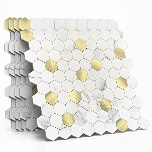 MOFIT Hexagon 3D Self-Adhesive Wall Tile Stickers,Kitchen Splashback Marble Effect & Metal Mosaic Peel and Stick Wall Tiles Heat Resistant(White Gold,10sheets)