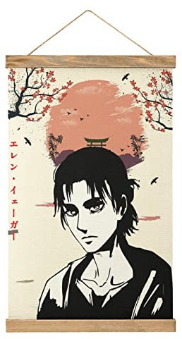 Eren Yeager Vintage Manga Scroll-Poster Stoff Bild Kunst Holz DIY Rahmen Hängende Druck Aufhänger für Raumdekoration Öl Leinwand Kit Geschenk
