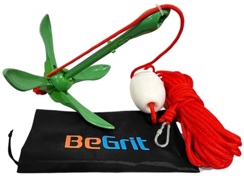 BeGrit Kit Anclaje Plegable de Barco 1.5KG Ancla Kayak Moto de Agua Acero al Carbono Foldable Anchor con Bolsa de Transporte e Cuerda de Remolque DE 10 m para Sup Paddle Board Canoa Jet, Verde